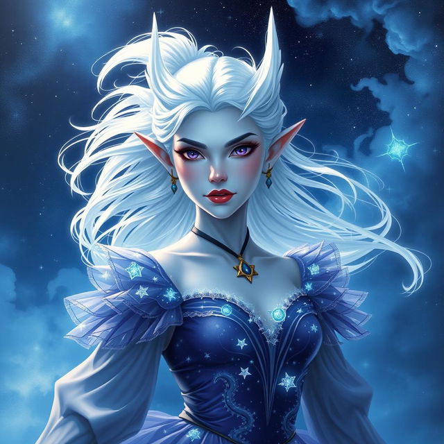 In the style of DnD character art, Maeve is depicted as a striking figure with smooth light blue skin, elegantly pointed elven ears, and ethereal white hair that appears to float delicately around her