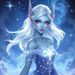 In the style of DnD character art, Maeve is depicted as a striking figure with smooth light blue skin, elegantly pointed elven ears, and ethereal white hair that appears to float delicately around her