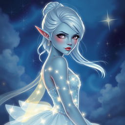 In the style of DnD character art, Maeve is depicted as a striking figure with smooth light blue skin, elegantly pointed elven ears, and ethereal white hair that appears to float delicately around her
