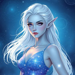 In the style of DnD character art, Maeve is a striking figure characterized by her smooth light blue skin and elegantly pointed elven ears