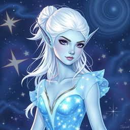 In the style of DnD character art, Maeve is a striking figure characterized by her smooth light blue skin and elegantly pointed elven ears