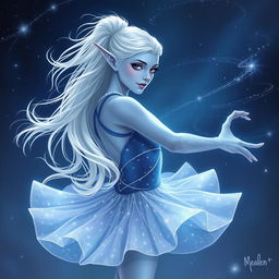 In the style of DnD character art, Maeve is depicted as a striking figure with smooth light blue skin and elegantly pointed elven ears