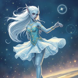 In the style of DnD character art, Maeve is depicted as a striking figure with smooth light blue skin and elegantly pointed elven ears