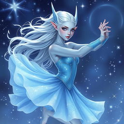 In the style of DnD character art, Maeve is depicted as a striking figure with smooth light blue skin and elegantly pointed elven ears