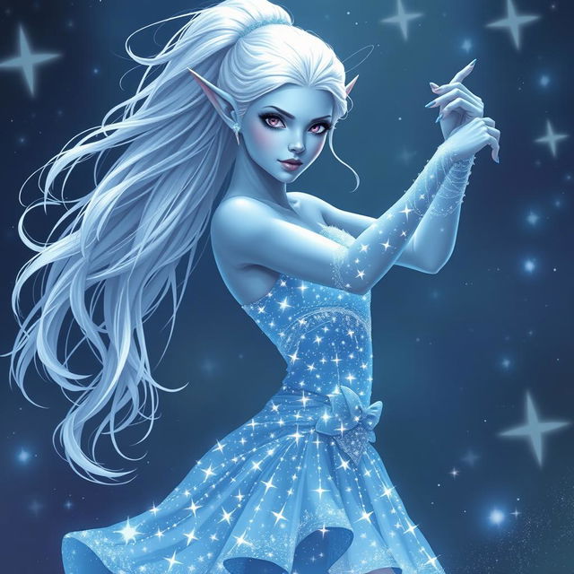 In the style of DnD character art, Maeve is a striking figure featuring smooth light blue skin, elegantly pointed elven ears, and ethereal white hair that seems to float gently around her