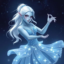 In the style of DnD character art, Maeve is a striking figure featuring smooth light blue skin, elegantly pointed elven ears, and ethereal white hair that seems to float gently around her