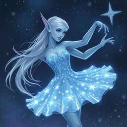 In the style of DnD character art, Maeve is a striking figure featuring smooth light blue skin, elegantly pointed elven ears, and ethereal white hair that seems to float gently around her