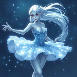 In the style of DnD character art, Maeve is a striking figure featuring smooth light blue skin, elegantly pointed elven ears, and ethereal white hair that seems to float gently around her