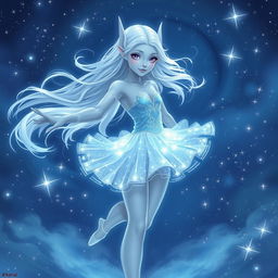 In the style of DnD character art, Maeve is illustrated as a striking figure with smooth light blue skin and gracefully pointed elven ears