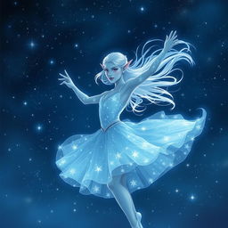 In the style of DnD character art, Maeve is illustrated as a striking figure with smooth light blue skin and gracefully pointed elven ears