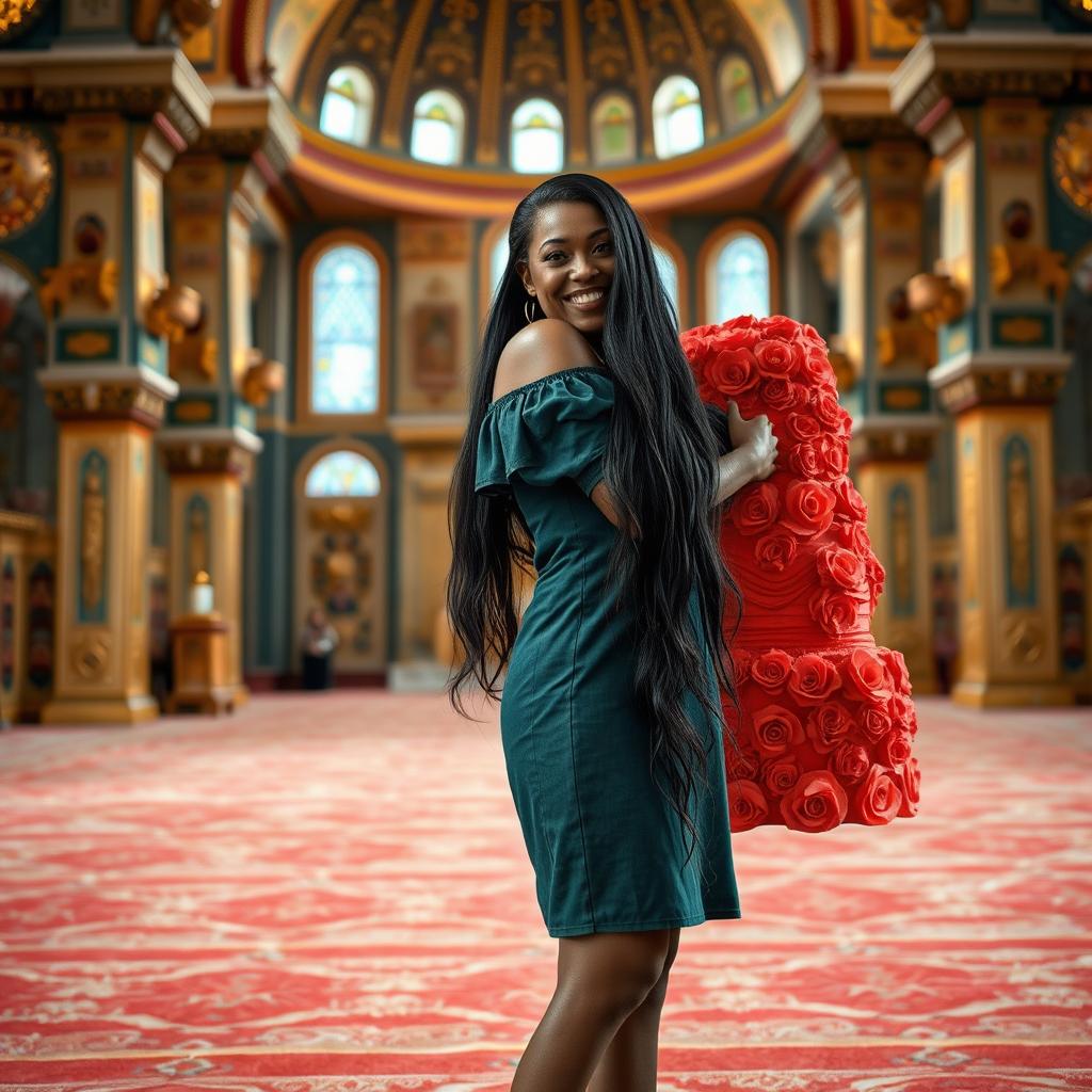 A long-haired black mature woman with pretty eyes, standing barefoot, wearing a green off-shoulder short mini jean dress