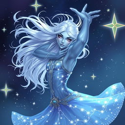 In the style of DnD character art, Maeve is illustrated as a mesmerizing figure with smooth light blue skin and elegantly pointed elven ears