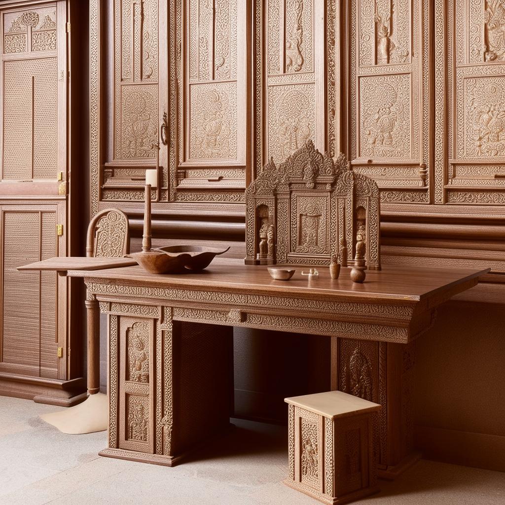 A traditional Pooja desk with intricate carvings, set alongside a matching wooden table and chair