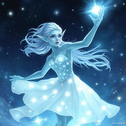 In the style of DnD character art, Maeve is illustrated as a mesmerizing figure with smooth light blue skin and elegantly pointed elven ears