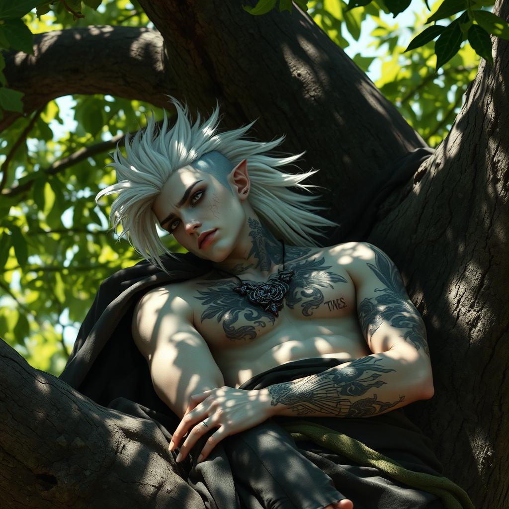 A Shadar-kai male, approximately 30 years old, resting on a tree