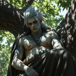 A Shadar-kai male, approximately 30 years old, resting on a tree