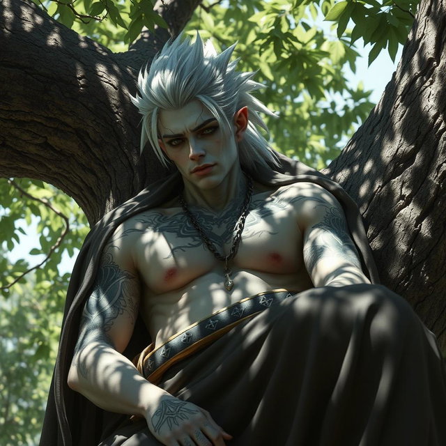 A Shadar-kai male, approximately 30 years old, resting on a tree