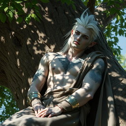 A Shadar-kai male, approximately 30 years old, resting on a tree