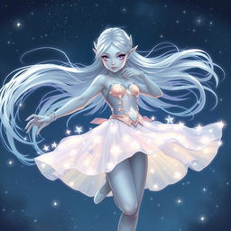 In the style of DnD character art, Maeve is portrayed as a captivating figure with smooth light blue skin, delicately pointed elven ears, and flowing white hair that appears to float lightly around her
