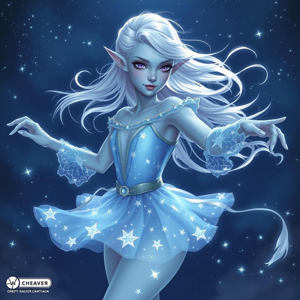 In the style of DnD character art, Maeve is portrayed as a captivating figure with smooth light blue skin, delicately pointed elven ears, and flowing white hair that appears to float lightly around her