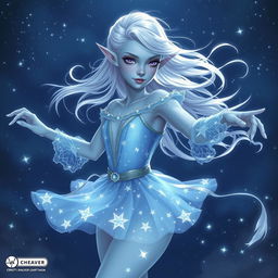 In the style of DnD character art, Maeve is portrayed as a captivating figure with smooth light blue skin, delicately pointed elven ears, and flowing white hair that appears to float lightly around her