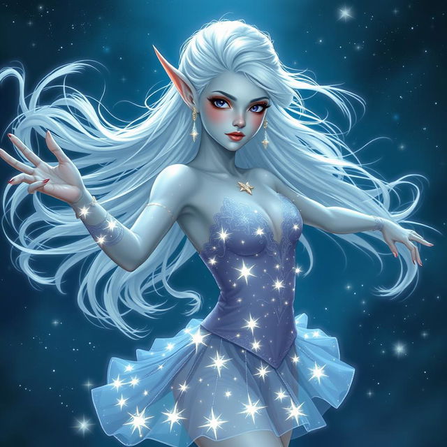 In the style of DnD character art, Maeve is portrayed as a captivating figure with smooth light blue skin, delicately pointed elven ears, and flowing white hair that appears to float lightly around her