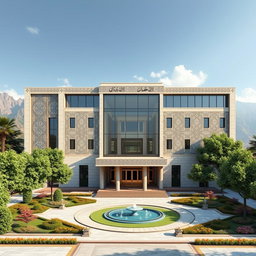 A modern architectural concept design for the Iranian embassy in Tajikistan, showcasing a blend of traditional Persian elements with contemporary design