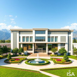 A modern architectural concept design for the Iranian embassy in Tajikistan, showcasing a blend of traditional Persian elements with contemporary design