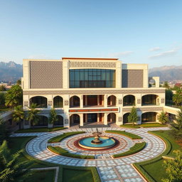 A modern architectural concept design for the Iranian embassy in Tajikistan, showcasing a blend of traditional Persian elements with contemporary design