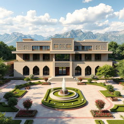 A modern architectural concept design for the Iranian embassy in Tajikistan, showcasing a blend of traditional Persian elements with contemporary design