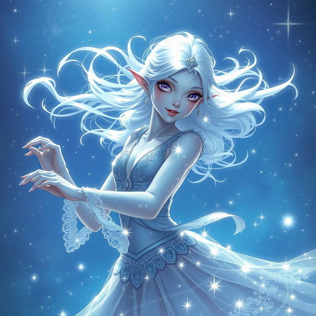 In the style of DnD character art, Maeve is depicted as an enchanting figure with luminous light blue skin, delicately pointed elven ears, and ethereal white hair that appears to float gently around her