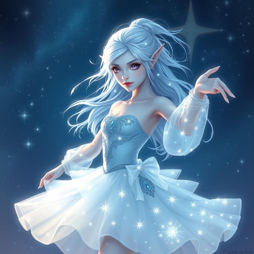 In the style of DnD character art, Maeve is depicted as an enchanting figure with luminous light blue skin, delicately pointed elven ears, and ethereal white hair that appears to float gently around her