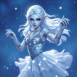 In the style of DnD character art, Maeve is depicted as an enchanting figure with luminous light blue skin, delicately pointed elven ears, and ethereal white hair that appears to float gently around her