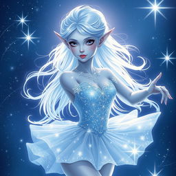 In the style of DnD character art, Maeve is depicted as an enchanting figure with luminous light blue skin, delicately pointed elven ears, and ethereal white hair that appears to float gently around her