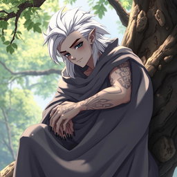 A Shadar-kai male, approximately 30 years old, resting on a tree
