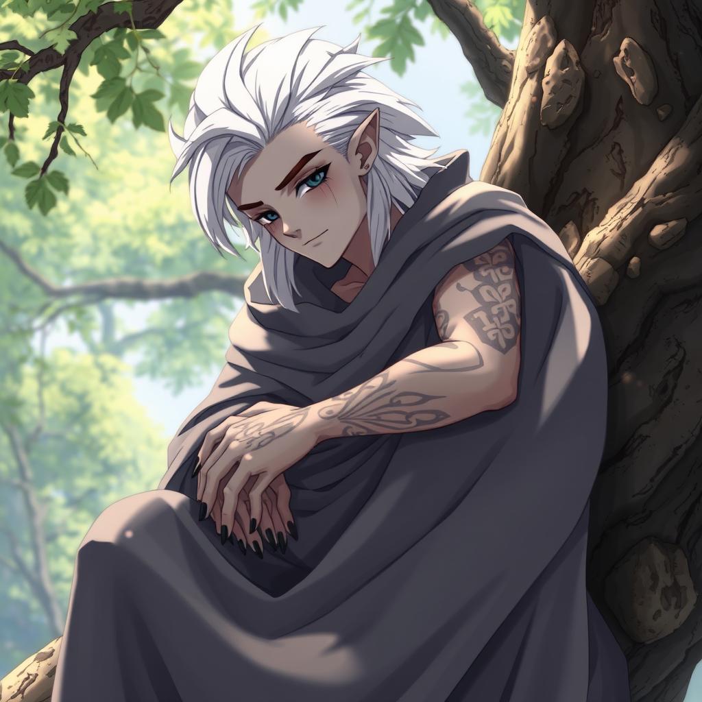 A Shadar-kai male, approximately 30 years old, resting on a tree