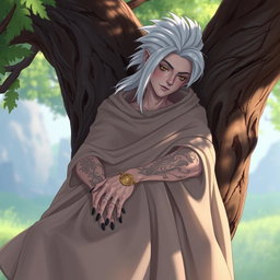 A Shadar-kai male, approximately 30 years old, resting on a tree
