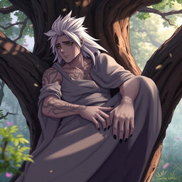 A Shadar-kai male, approximately 30 years old, resting on a tree