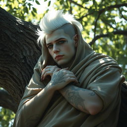 A Shadar-kai male, approximately 30 years old, resting on a tree