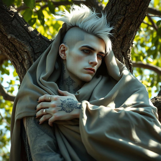 A Shadar-kai male, approximately 30 years old, resting on a tree