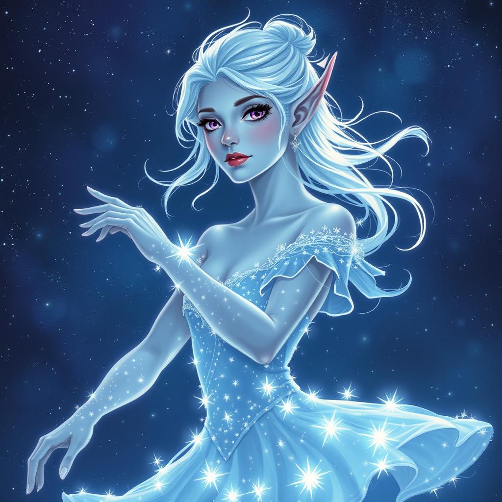 In the style of DnD character art, Maeve is a captivating and striking figure, featuring luminous light blue skin, elegantly pointed elven ears, and wispy white hair that appears to float gently around her