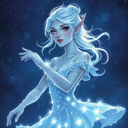 In the style of DnD character art, Maeve is a captivating and striking figure, featuring luminous light blue skin, elegantly pointed elven ears, and wispy white hair that appears to float gently around her