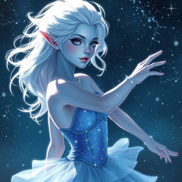 In the style of DnD character art, Maeve is a captivating and striking figure, featuring luminous light blue skin, elegantly pointed elven ears, and wispy white hair that appears to float gently around her