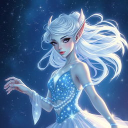 In the style of DnD character art, Maeve is a captivating and striking figure, featuring luminous light blue skin, elegantly pointed elven ears, and wispy white hair that appears to float gently around her