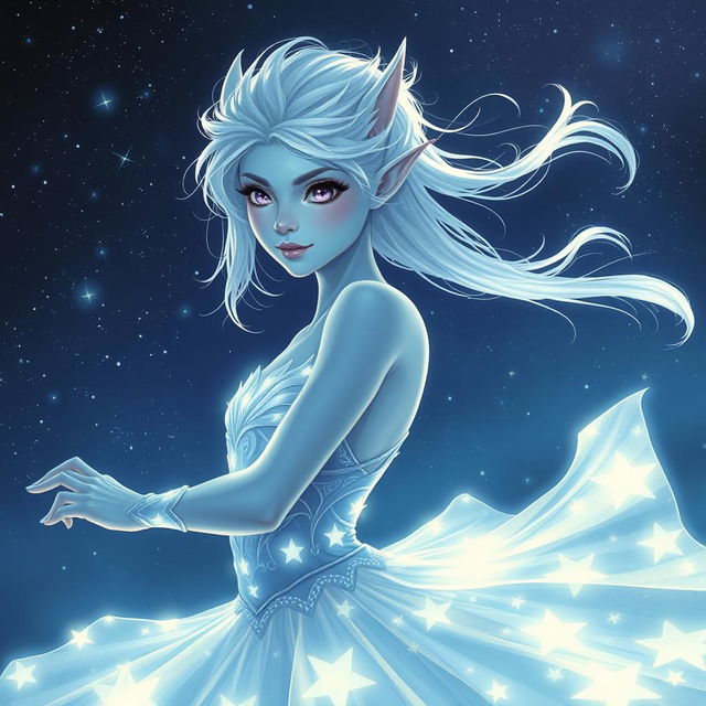 In the style of DnD character art, Maeve is a captivating and striking figure, featuring luminous light blue skin, elegantly pointed elven ears, and wispy white hair that appears to float gently around her