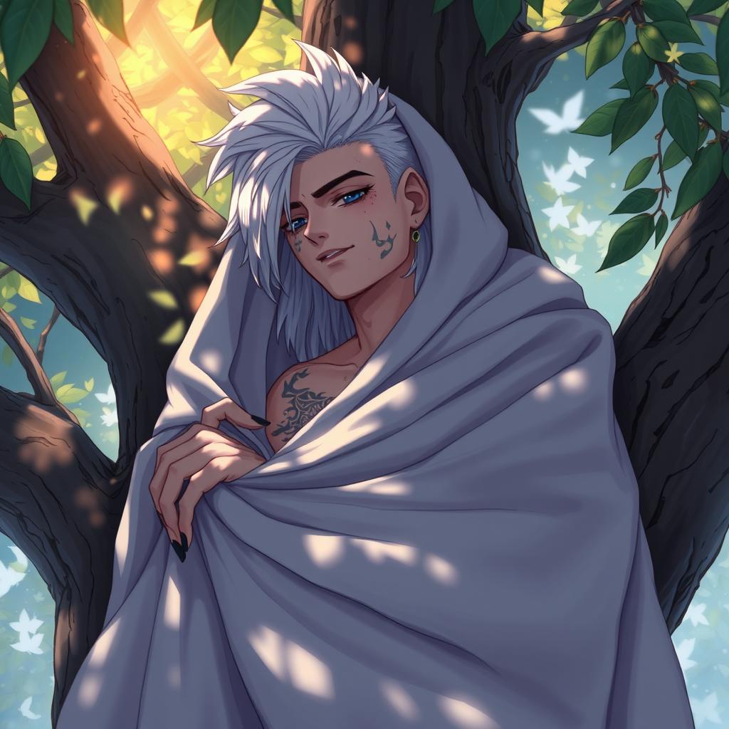A Shadar-kai male, approximately 30 years old, resting on a tree