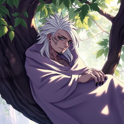 A Shadar-kai male, approximately 30 years old, resting on a tree