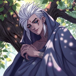 A Shadar-kai male, approximately 30 years old, resting on a tree