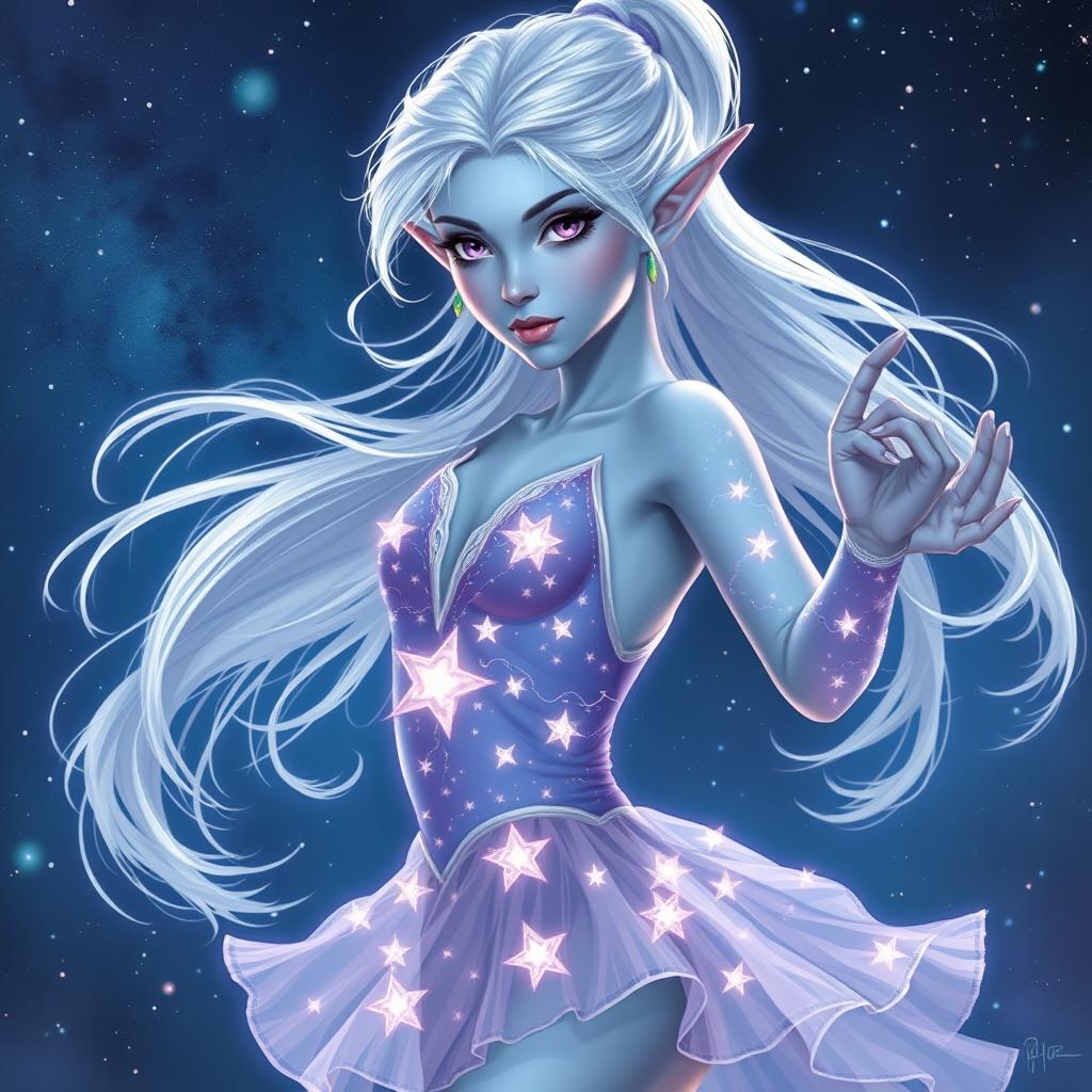 In the style of DnD character art, Maeve is illustrated as a striking figure with luminous light blue skin, elegantly pointed elven ears, and soft white hair that seems to float around her ethereally