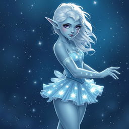 In the style of DnD character art, Maeve is illustrated as a striking figure with luminous light blue skin, elegantly pointed elven ears, and soft white hair that seems to float around her ethereally